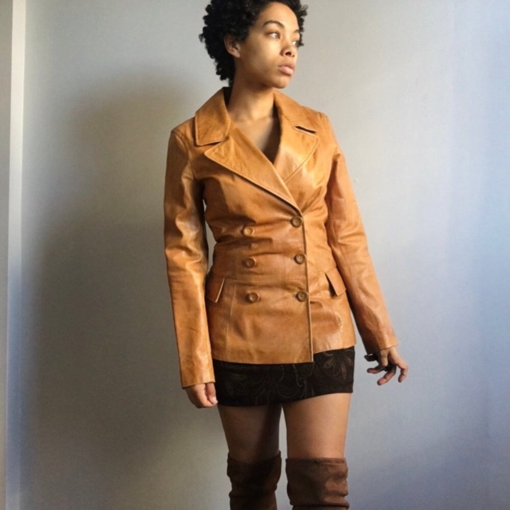 Joie Double Breasted Cognac Leather Jacket Size M